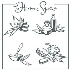 Home spa vector collection of beauty and spa accessories sign, icons, emblems and symbols