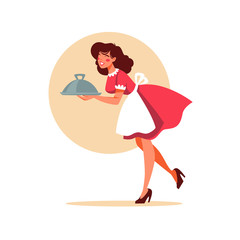 retro waitress holding a plate plate, illustration in cartoon style for your logo, label, emblem.