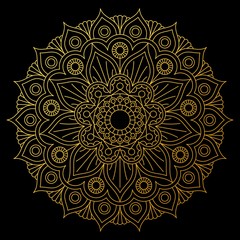 Round lace golden mandala on black background. Stylish vector design.