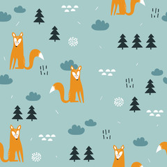 Foxes and fir-trees, hand drawn backdrop. Colorful seamless pattern with animals. Decorative cute wallpaper, good for printing. Overlapping background vector. Design illustration - 353080338