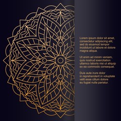 Template for card or invitation with golden floral mandala and place for text. Beautiful vector drawing.