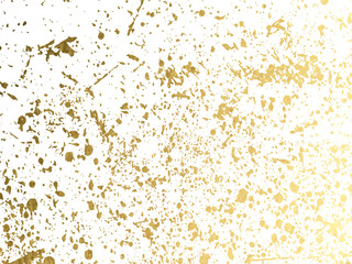 Gold round splash dots or glittering spangles background. Hand drawn spray texture. Golden blots, sparks, sparkles or glitter on white background template. Vector