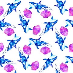 Foto op Plexiglas Vlinders Aquarel walvis naadloze patroon. Hand getekende illustratie geïsoleerd op een witte achtergrond. Marien behang