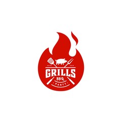 Grill Barbeque invitation party barbecue bbq with pig pork on fire flame Logo design vintage hispter