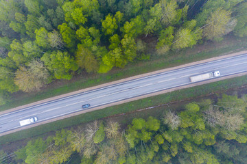 road with cars in the woods through the morning mist among green trees, aerial view