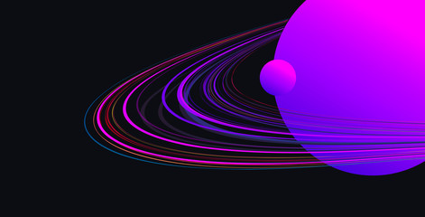 Abstract wallpaper with stylized illustration of planet with rings like saturn in dark space neon violet gradient colors © YarM