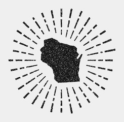 Vintage map of Wisconsin. Grunge sunburst around the us state. Black Wisconsin shape with sun rays on white background. Vector illustration. - obrazy, fototapety, plakaty