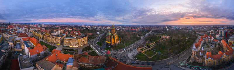 Wide panorama of Timisoara city, Romania.  Timisoara at twiligh red sunset