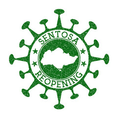 Sentosa Reopening Stamp. Green round badge of island with map of Sentosa. Island opening after lockdown. Vector illustration.