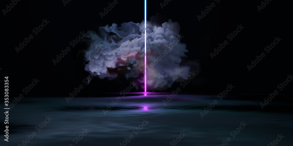 Poster cloud and light source against a dark background. 3d render / rendering