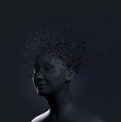 Human head explodes in particles. Concept of a mental disorder. 3D render/ rendering