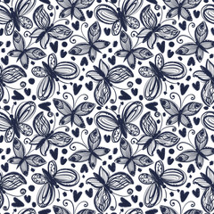 Seamless pattern with digital ink hand drawn lace butterflies on a white background