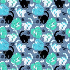 Seamless pattern with digital painted cats and monstera leaves on a blue background
