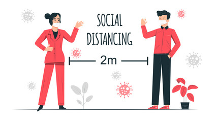 Social distancing example for greeting to avoid spreading corona virus. Flat design vector