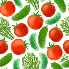Seamless design with bright digital watercolor tomatoes and cucumbers on a white background