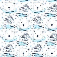 Wall murals Sea waves Cute childish seamless pattern with polar bears, fish and snowflakes