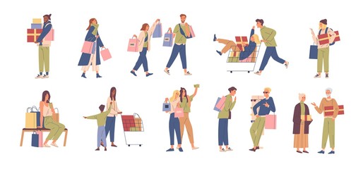 Set of various happy people buyer vector flat illustration. Collection of different man, woman, couple and child with gift box, trolley and shopping bag isolated on white. Joyful shopaholic person