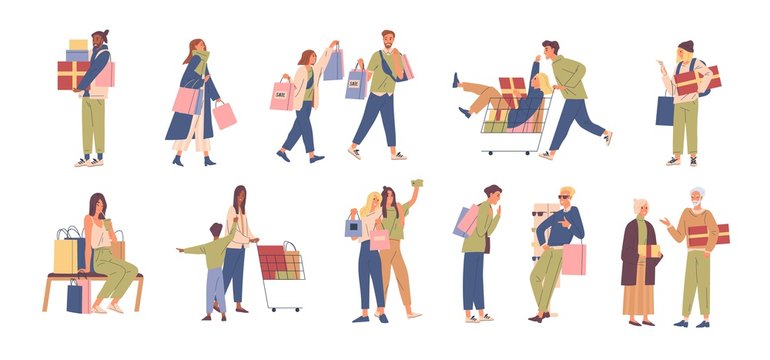 Set Of Various Happy People Buyer Vector Flat Illustration. Collection Of Different Man, Woman, Couple And Child With Gift Box, Trolley And Shopping Bag Isolated On White. Joyful Shopaholic Person