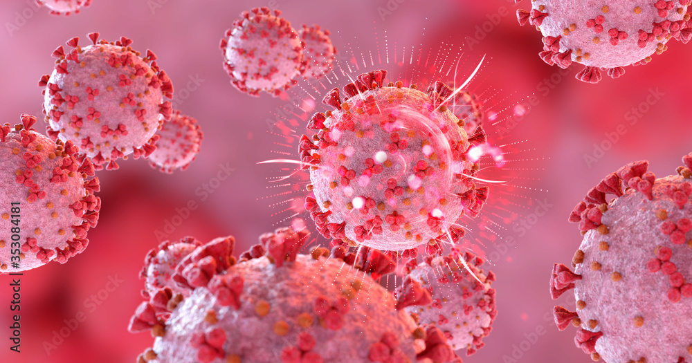 Poster microscopic close-up of the covid-19 disease. coronavirus illness spreading in body cell. 2019-ncov 