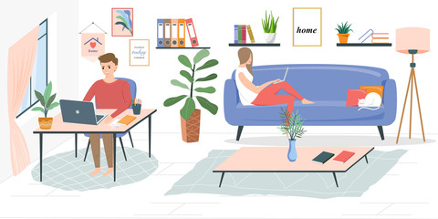 Flat style vector illustration of cartoon character couples working at home or anywhere. Couples are dating at home or anywhere.