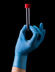 Doctor's hand in medical gloves holding test tube with coronavirus COVID-19