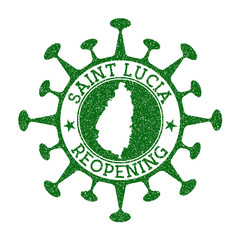 Saint Lucia Reopening Stamp. Green round badge of island with map of Saint Lucia. Island opening after lockdown. Vector illustration.