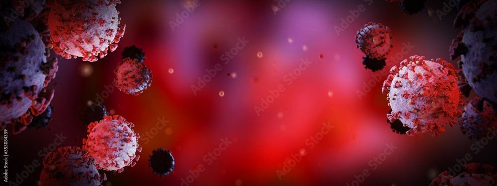 Poster microscopic close-up of the covid-19 disease. coronavirus illness spreading in body cell. 2019-ncov 