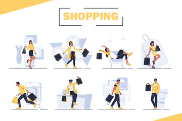 The Man with the packages,The girl with the packages,Beautiful woman is shopping,Fashionable. Vector illustration in cartoon style,Shopping man