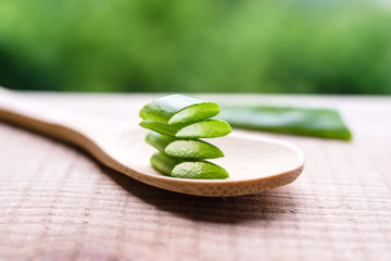 Fresh aloe vera leaf slices (Aloe Barbadensis Mill., Star Cactus, Aloe, Aloin, Jafferabad or Barbados). Close up/ Selective focus.