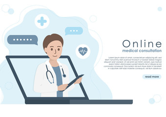 Laptop screen of male doctor with stethoscope, patient medical records and health icons. Online doctor, medical consultation and healthcare concept. Flat vector illustration. Copy space for text.