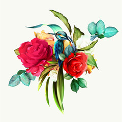 Bouquet of wild flowers with leaves and halcyon bird on it. This template can be used in any type of invitations and holidays. Vector - stock. - obrazy, fototapety, plakaty