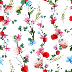 Fototapety  Bezszwowe tło kwiatowy wzór. Streszczenie kwiaty, róże, gałęzie z liśćmi na białym. Wzór na tekstylia, tkaniny i inne nadruki. Ręcznie rysowane grafiki, tapeta wektor.