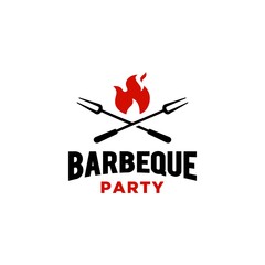 Vintage hipster Grill Barbeque invitation party barbecue bbq with crossed fork spatula and fire flame Logo design