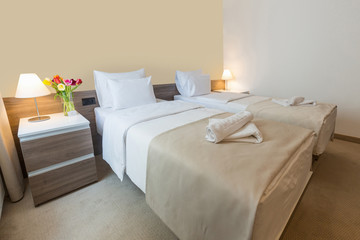 Interior of a modern double bed hotel bedroom