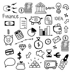 Hand drawn doodle set with business symbols. Vector finance icons isolated elements on white