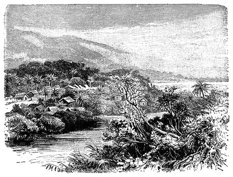 Limbe (Victoria from 1858 to 1982) is a seaside city in the South-West Region of Cameroon. Illustration of the 19th century. White background.