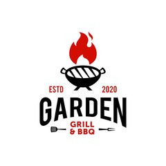 Vintage hipster Grill kettle Barbeque invitation party barbecue bbq with crossed fork spatula and fire flame Logo design