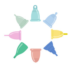 Menstrual cup set. Eco-friendly, silicone washable menstrual cup. Zero waste period personal hygiene. Plastic-free concept.