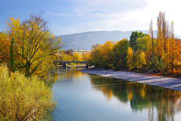 Autumn colours around the Arve River in Geneva, Switzerland, Europe