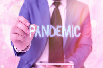 Word writing text Pandemic. Business photo showcasing occurring over a wide area affecting high...