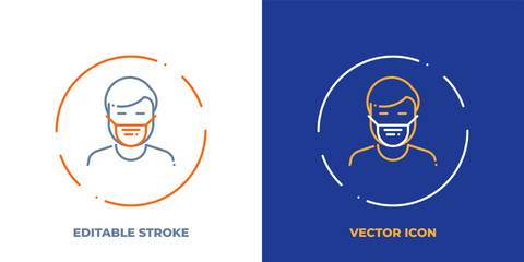 Man in medical mask line art vector icon with editable stroke. Outline symbol of protection from illness. Virus spreading prevention pictogram made of thin stroke. Isolated on background.