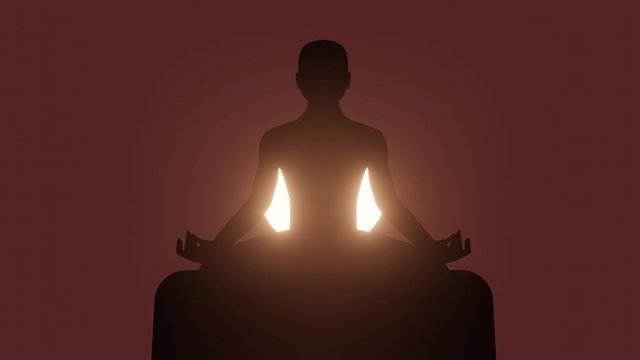 Silhouette of a young man meditating in lotus yoga pose while sun is rising from behind. Animation. Morning meditation. 