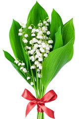 Obraz premium Lily of the valley flower bouquet with red bowknot white background isolated close up, beautiful may lilies bunch, green leaves & pink ribbon, convallaria majalis, art floral design for greeting card