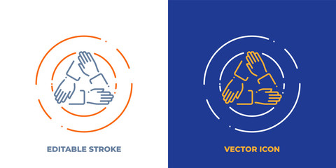 Three hands holding each other line art vector icon with editable stroke. Outline symbol of cooperation. Teamwork pictogram made of thin stroke. Isolated on background.