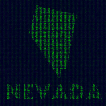Digital Nevada logo. US state symbol in hacker style. Binary code map of Nevada with US state name. Creative vector illustration.
