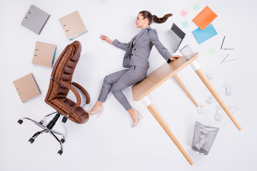 Top above high angle view full size profile side photo smart leader executive boss girl sit table...