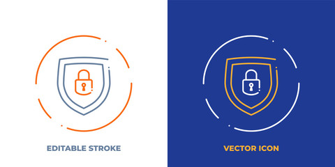 Lock on shield line art vector icon with editable stroke. Outline symbol of access protection. Security pictogram made of thin stroke. Isolated on background.