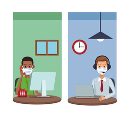 call center support male workers wearing medical mask