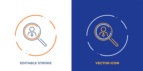 Magnifying glass with human figure line art vector icon with editable stroke. Outline symbol of people search. Recruitment pictogram made of thin stroke. Isolated on background.