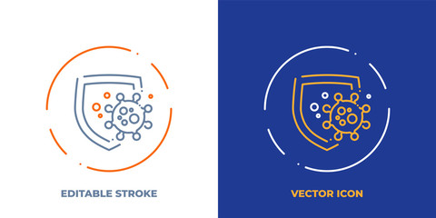 Shield protects from virus cell line art vector icon with editable stroke. Outline symbol of health protection. Immunity defense pictogram made of thin stroke. Isolated on background.
